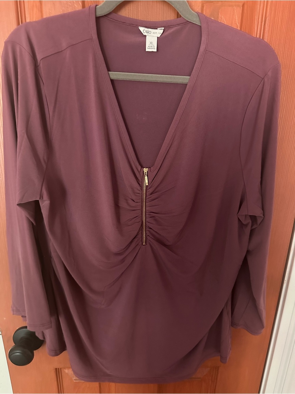 Cato Mauve V-Neck Ruched Zip Long Sleeve Top